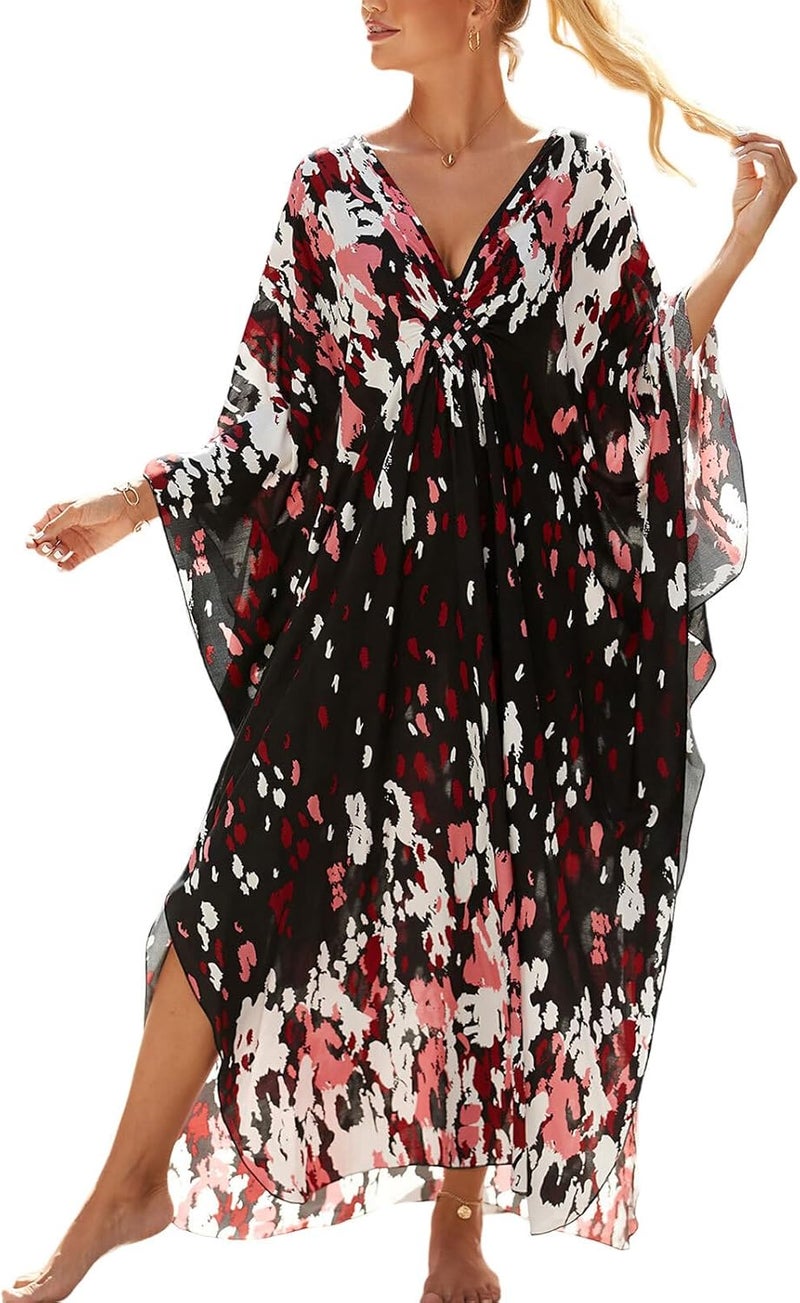 IMAGEKOPE Women's Plus Size Animal Print V-Neck Batwing Kaftan Beach Dress Bathing Suit Cover-Up Loungewear - Image 1